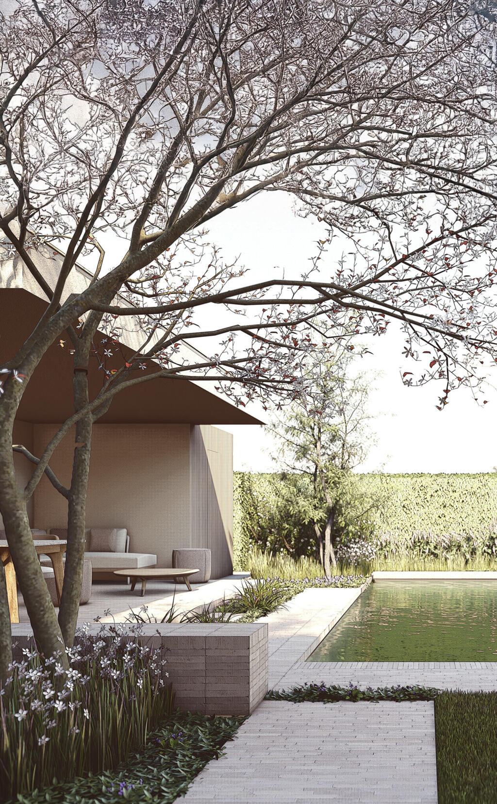 Greenarchitects stefaan willems 3 D tuinontwerp bijgebouw hout crepi biozwembad paden kleiklinkers aalst vierkant VI