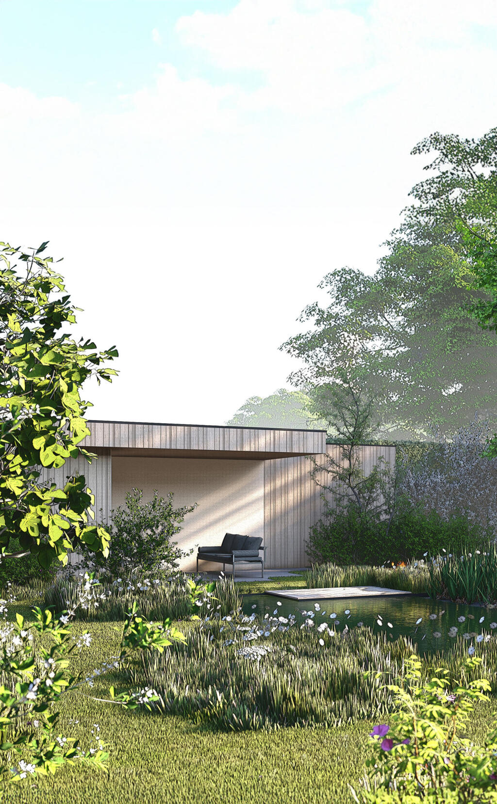 Greenarchitects stefaan willems tuinarchitect tuinontwerp natuurlijke tuin met zwemvijver en bijgebouw VI2