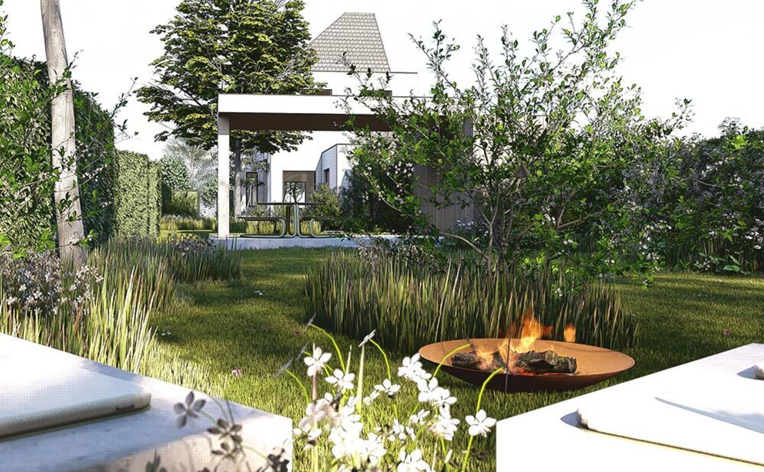 Greenarchitects stefaan willems landschapsarchitect oostakker gekaleide woning modern bijgebouw crepi overdekt verhoogd terras vuurschaal 01