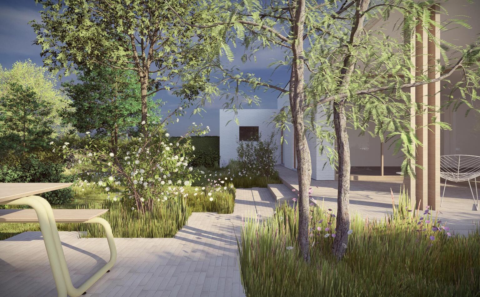 Greenarchitects stefaan willems tuinarchitect drongen kleiklinkers natuursteen terras niveau zwembad bijgebouw ecologisch 03