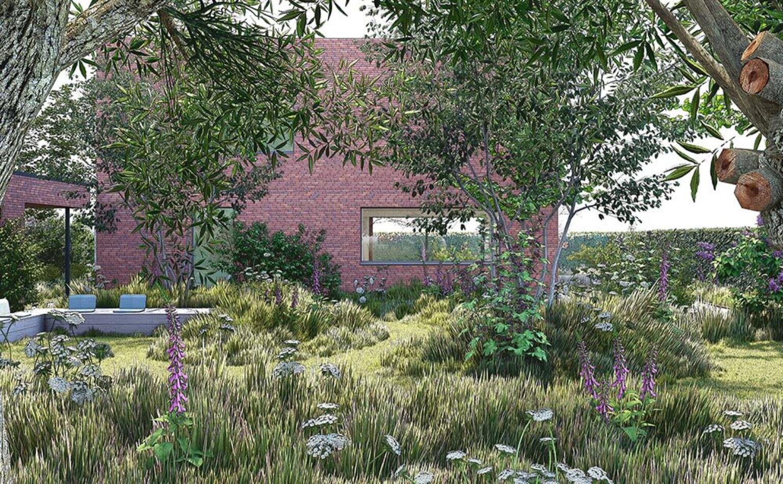 Greenarchitects stefaan willems tuinarchitect laarne moderne woning bijgebouw zitbank knotboom salix hoogstam boom heester haag grassen vaste planten varens ecologisch biodivers 01