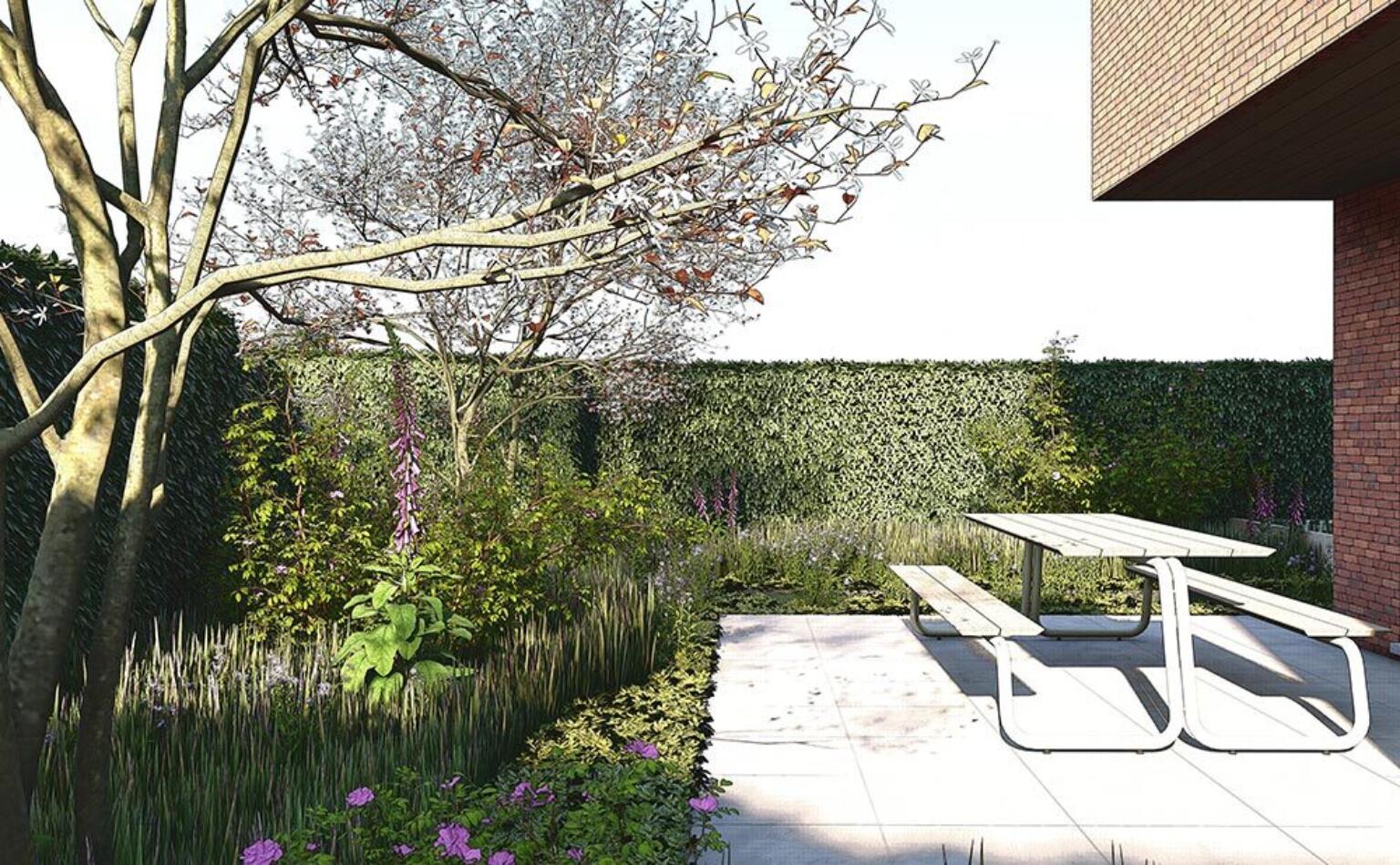 Greenarchitects stefaan willems tuinarchitect laarne moderne woning terras tegel zitbank meerstam boom heester haag grassen vaste planten varens 01