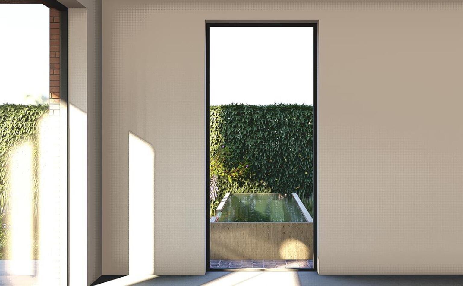 Greenarchitects stefaan willems tuinarchitect laarne moderne woning waterpartij waterelement terras tegel meerstam boom heester haag grassen vaste planten varens 01