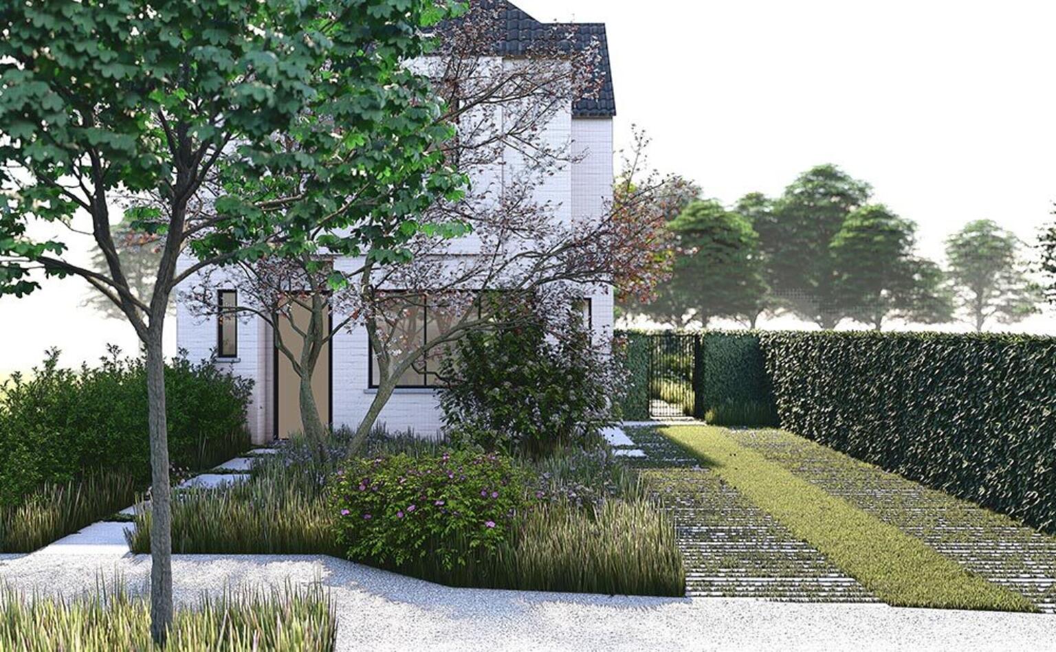 Greenarchitects stefaan willems tuinarchitect oostakker gekaleide woning oprit inkompad betongrasdallen 01
