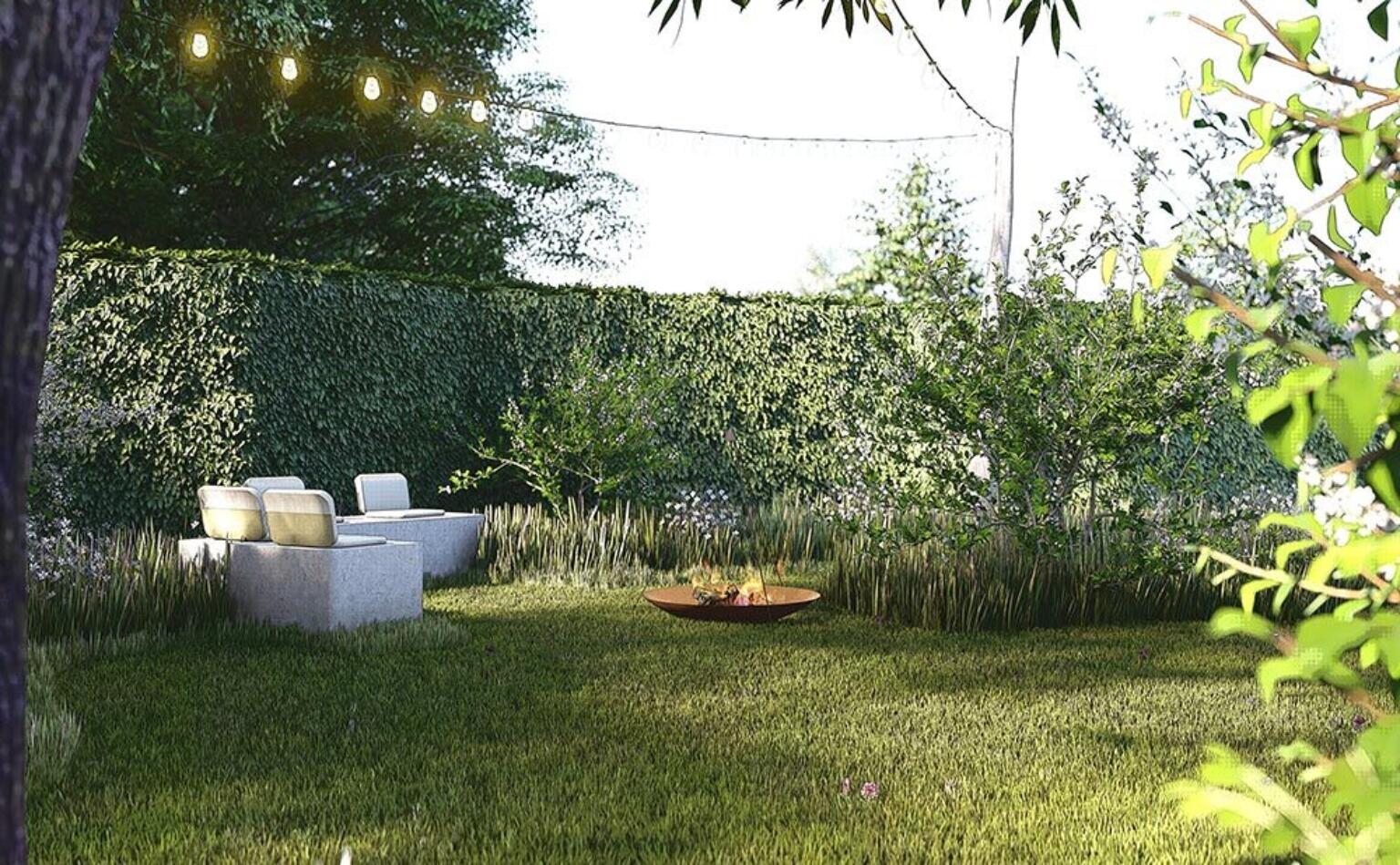 Greenarchitects stefaan willems tuinarchitect oostakker sfeerlampen houten palen vuurschaal 01