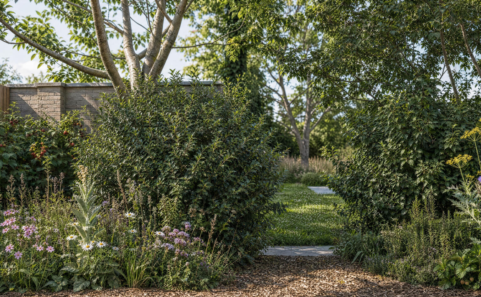 Natuurlijke tuin houtsnipperpad weelderige beplanting 07