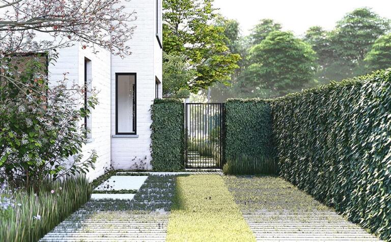 Greenarchitects stefaan willems landschapsarchitect oostakker gekaleide woning oprit inkompad betongrasdallen 01
