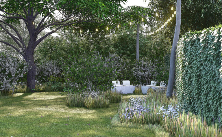 Greenarchitects stefaan willems landschapsarchitect oostakker sfeerlampen houten palen vuurschaal zitbank 01