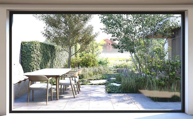 Greenarchitects stefaan willems landschapsarchitect schoonaarde moderne woning bijgebouw schommel waterelement crepi overdekt terras tegels flagstones 01