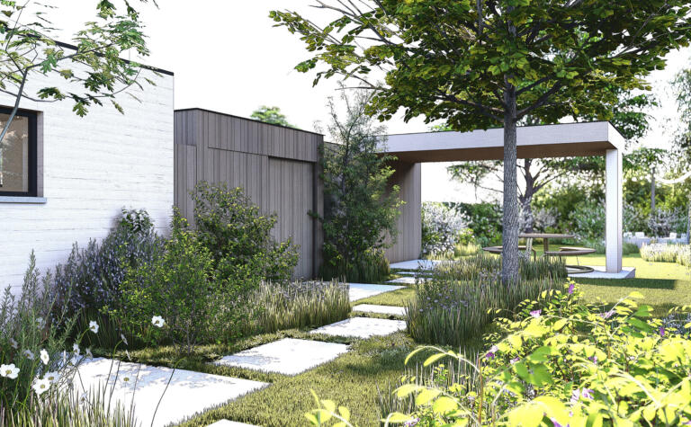 Greenarchitects stefaan willems tuinarchitect oostakker gekaleide woning modern bijgebouw crepi overdekt verhoogd terras 01