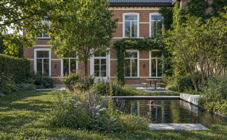 Natuurlijke tuin biozwembad bakstenen woning 04
