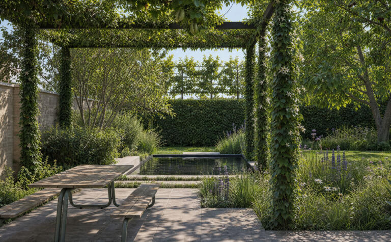 Natuurlijke tuin biozwembad begroeide pergola 01