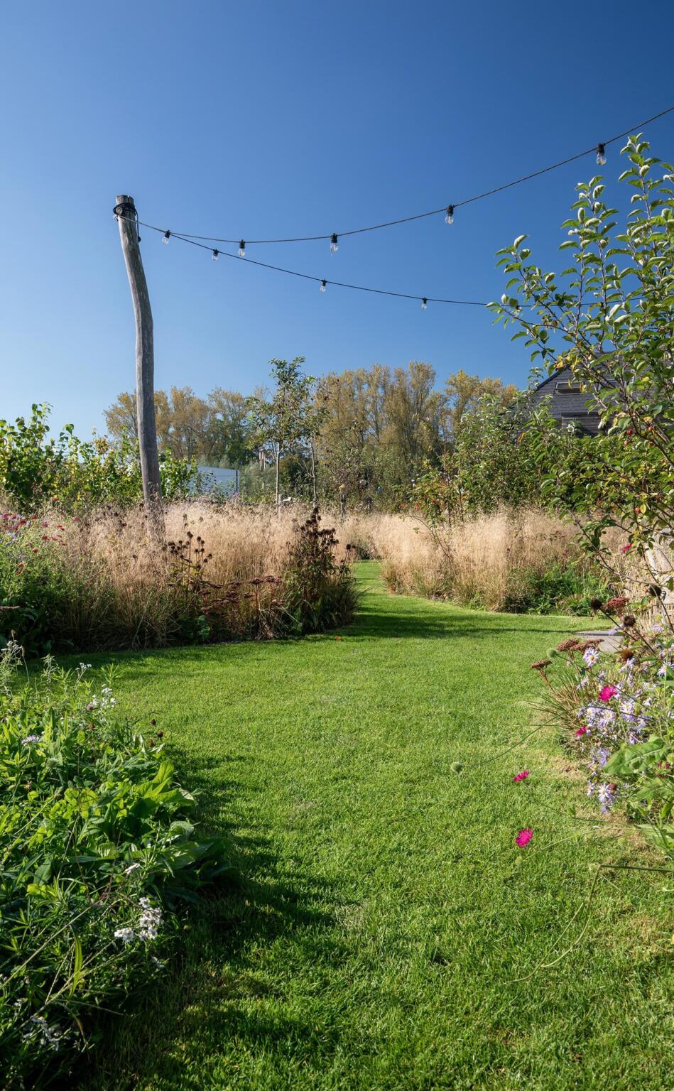 Greenarchitects stefaan willems landschapsarchitect serskamp moderne woning houten palen bloeirijk grasland sfeerlampen 01