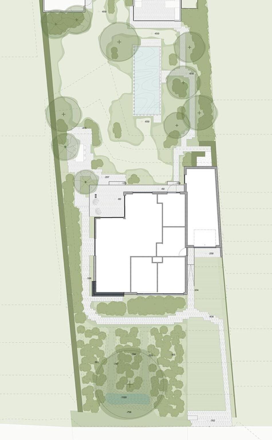 Greenarchitects stefaan willems tuinarchitect drongen grasdallen tuinontwerp grondplan biozwembad kleiklinkers bijgebouw