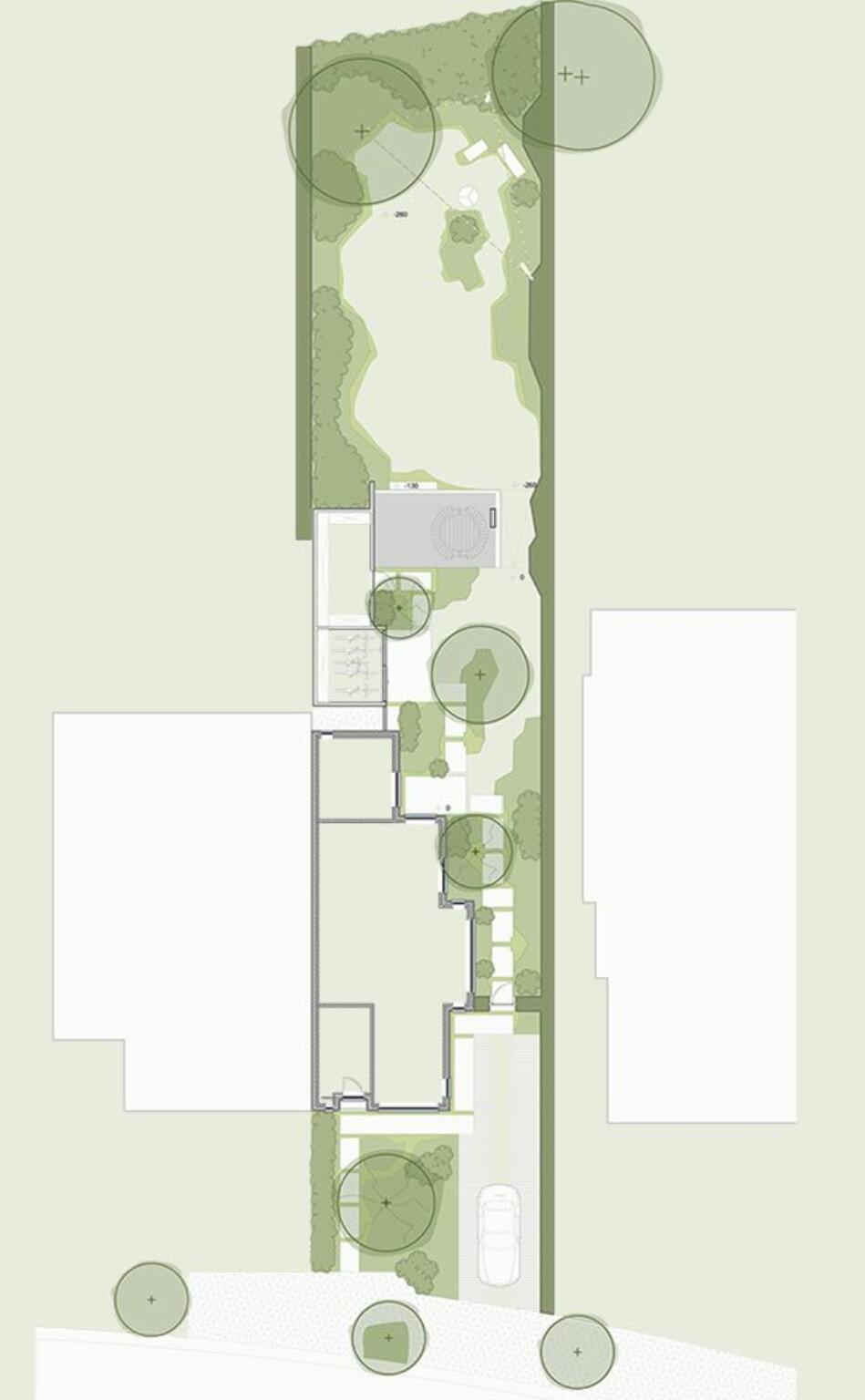 Greenarchitects stefaan willems tuinarchitect oostakker gekaleide woning modern bijgebouw fietsberging overdekt terras polybeton vuurschaal 01