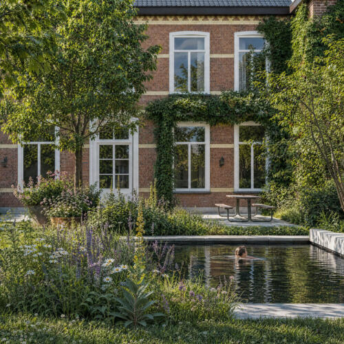 VI natuurlijke tuin biozwembad bakstenen woning 04